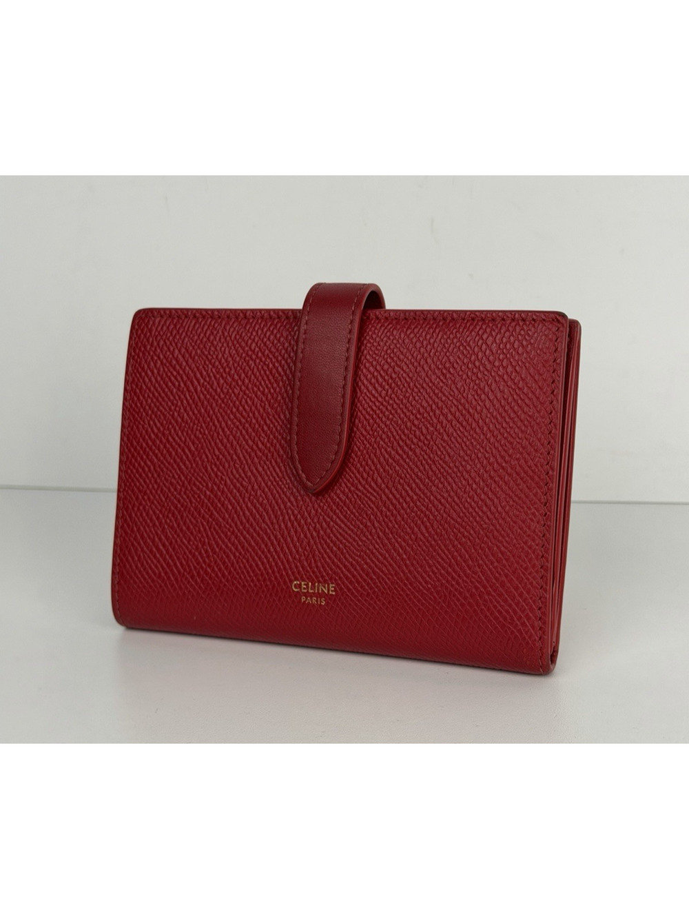 Celine Strap Wallet Medium Red Grained Calfskin Leather & Snap-Button K1